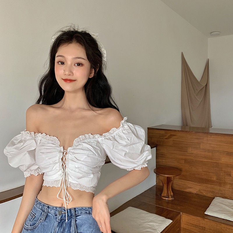 Cocory vn Áo croptop trễ vai tay ngắn phối ren hoa phong cách mùa hè thịnh hành cho nữ