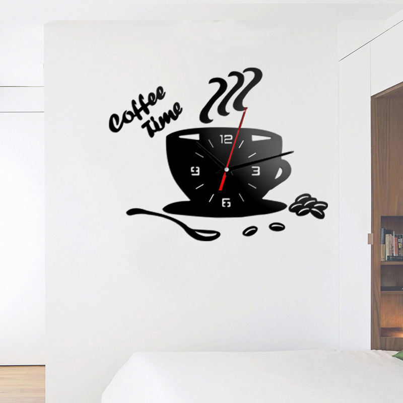 3D DIY Coffee Time Clock Acrylic Wall Clock /Mirror Sticker Metal Big Wall Clock / Frameless Wall Clock Stickers DIY Wall Decoration for Living Room Bedroom Easy to Assemble