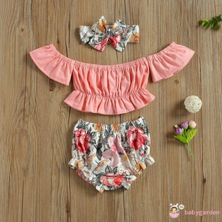 Bộ Áo Trễ Vai + Quần Short In Hoa Văn + Băng Đô Dành Cho Bé