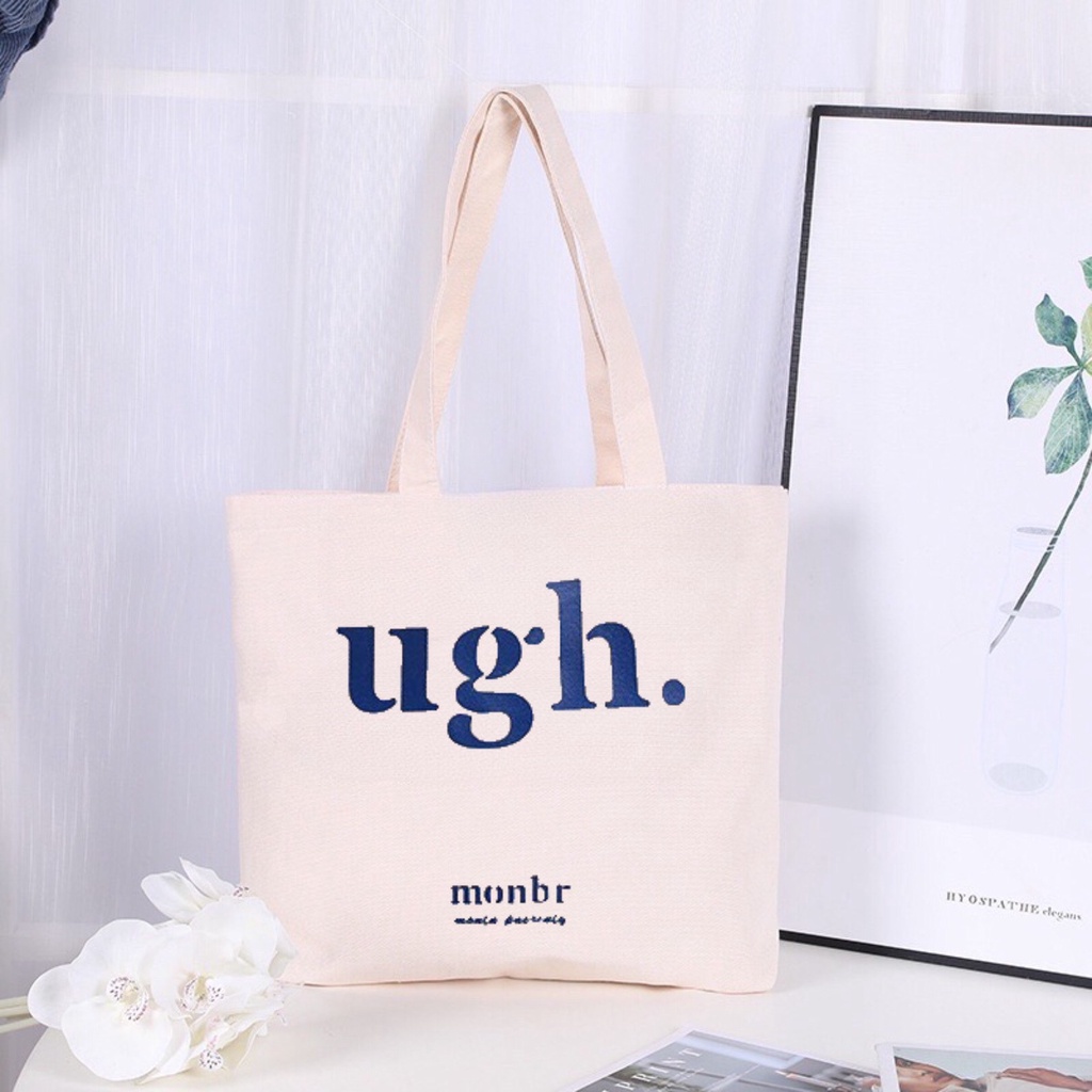 Túi tote Hazin vải canvas ulzzang unisex in chữ Ugh có khoá miệng ngăn phụ nhỏ HZ58