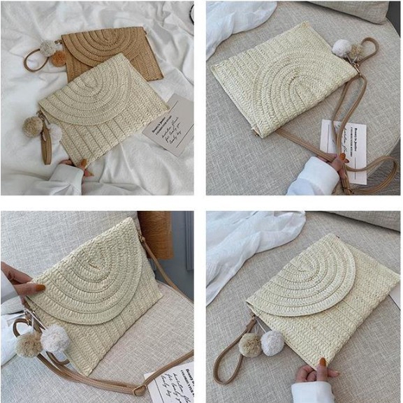 READY STOCK Bãi biển mùa hè Túi rơm / Ly hợp Mặt dây chuyền bóng dễ thương Túi đeo vai Du lịch Túi đeo tiền xu