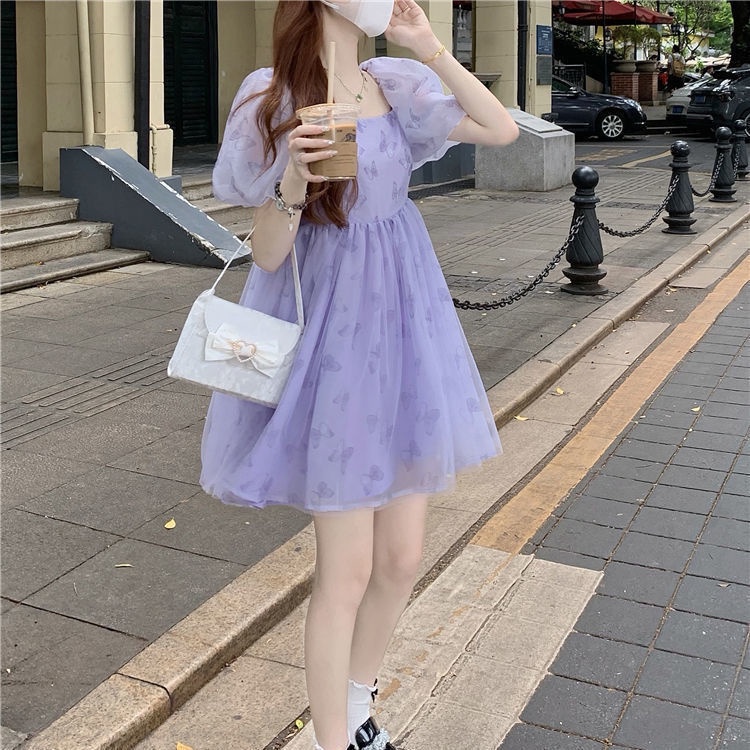 Váy babydoll Đầm Tay Phồng Cổ Vuông Eo Cao Thời Trang Mùa Hè Phong Cách Mới Ngọt Ngào Cho Nữ