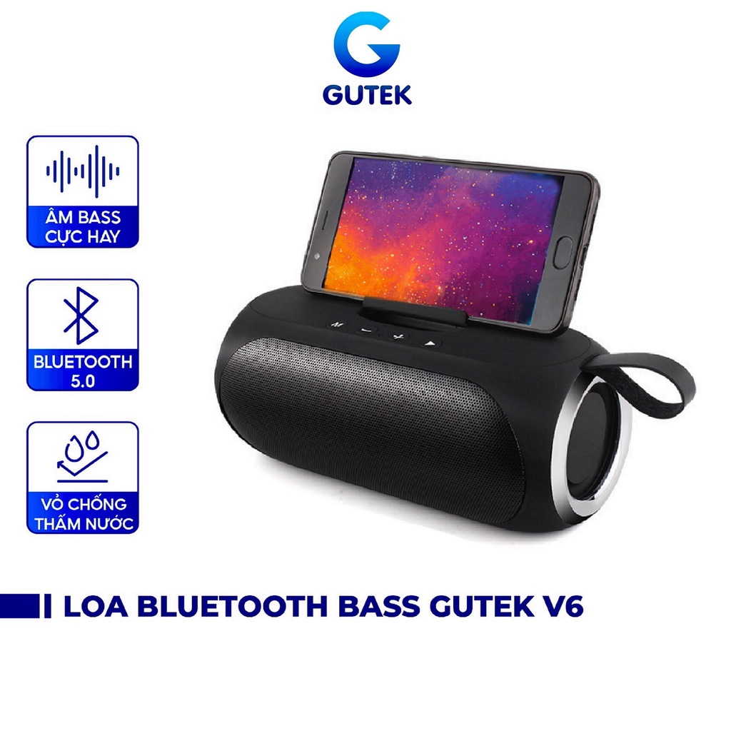 [Mã ELHACE giảm 4% đơn 300K] Loa Bluetooth Nghe Nhạc Siêu Bass Không Dây Công Suất Lớn Có Giá Đỡ Điện Thoại Gutek V6
