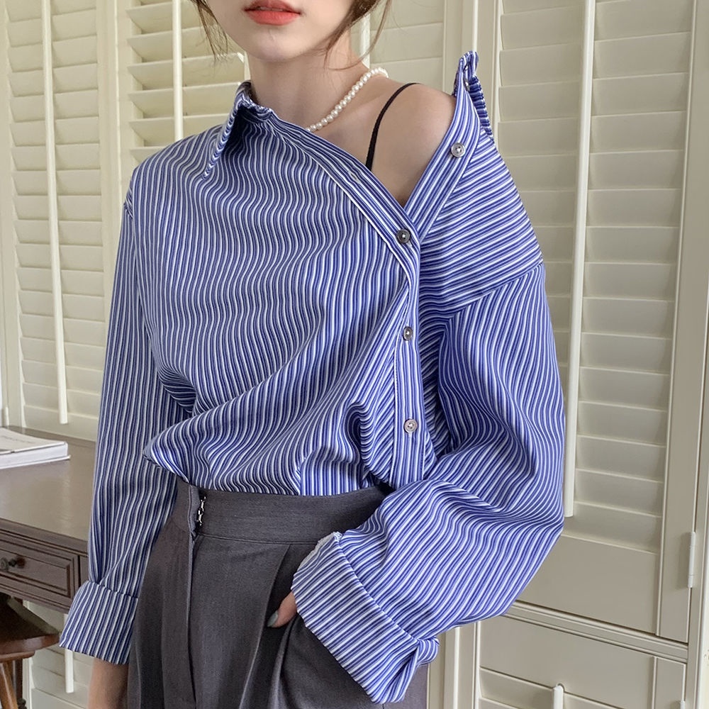 Áo Sơ Mi Kẻ Sọc Nhiều Lớp Phong Cách Hàn Quốc Thời Trang Cho Nữ