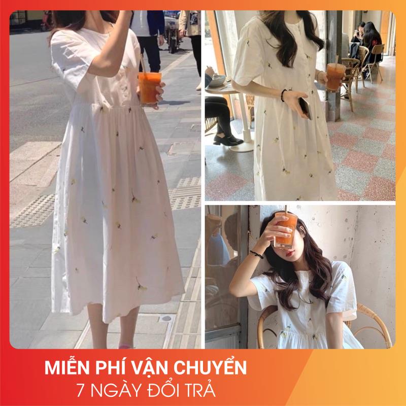Đầm Cúc Dọc Hoa Nhí Tay Lỡ 24AP Nữ [FREESHIP] 🌸 Váy trắng form suông rộng bánh bèo tiểu thư phối cổ thuyền Ulzzang 🌸