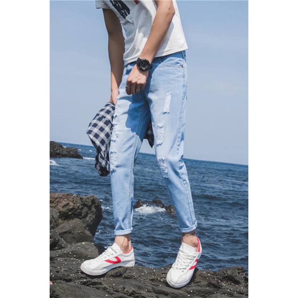 Quần jeans nam ống côn hàn quốc rách không phai màu đẹp mềm mịn | BigBuy360 - bigbuy360.vn