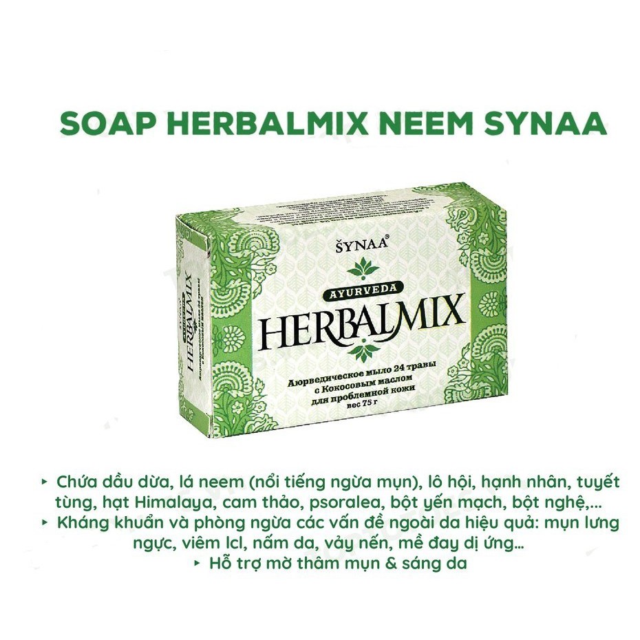 Soap tắm thảo mộc Ấn Độ HERBALMIX cho da dầu mụn giúp cải thiện các vấn đề về da như mụn lưng, đùi, viêm lỗ chân lông