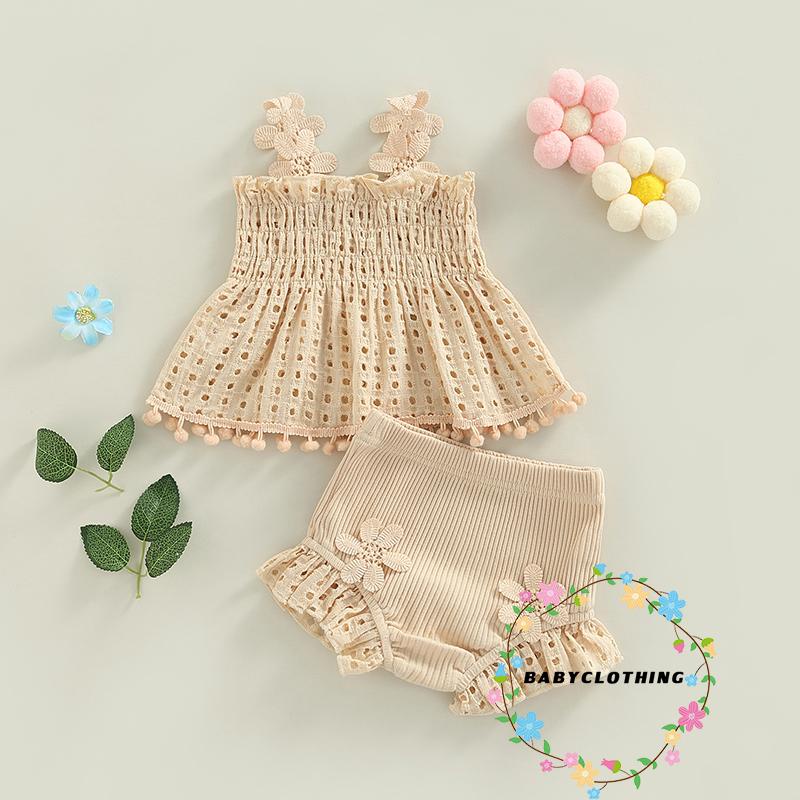 Set Đồ Mùa Hè Gồm Áo Ba Lỗ Xếp Ly Và Quần Ngắn Co Giãn Màu Trơn Cho Bé Gái