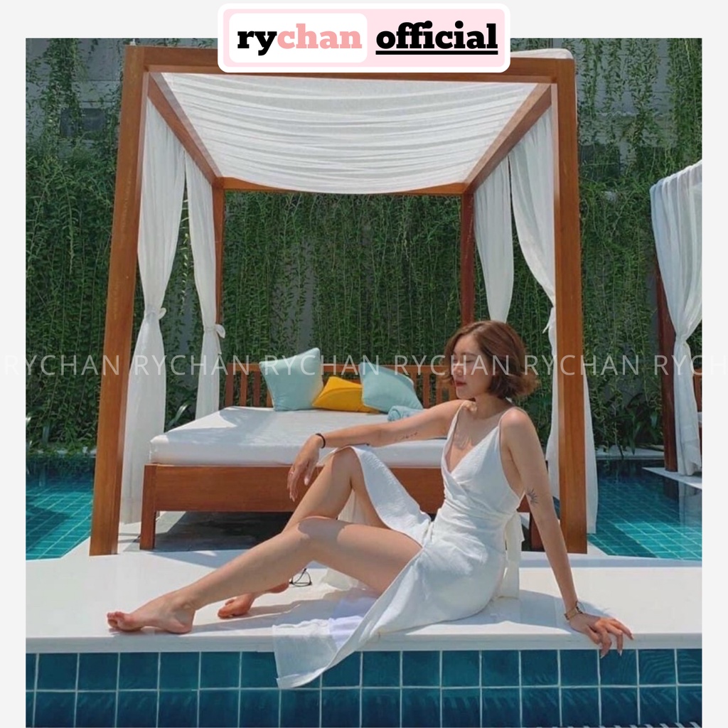 Đầm Maxi Đi Biển Hai Dây Xẻ Tà Nơ Sau Quyến Rũ, Váy Nữ Dạo Biển Hai Dây Tôn Dáng 2 Màu Vàng Trắng - DX9759