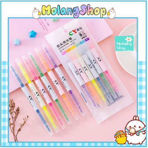 (Set 3/6) Bút Nhớ, Bút Highlight Đánh Dấu 2 Đầu Neon Xinh Xắn Molangshop