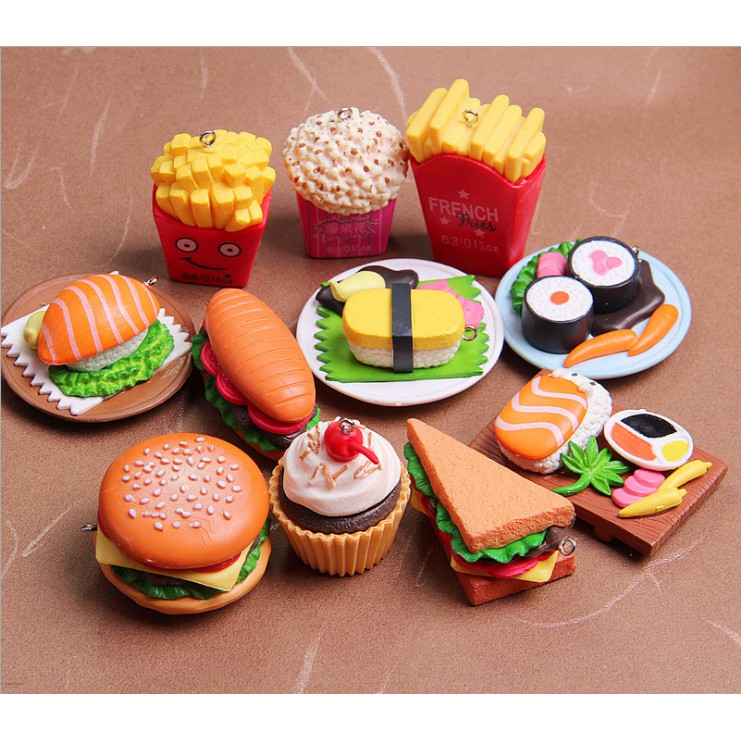 Charm mô hình fast food McDonald với hamburger và sushi cho các bạn chơi slime, móc khóa, DIY