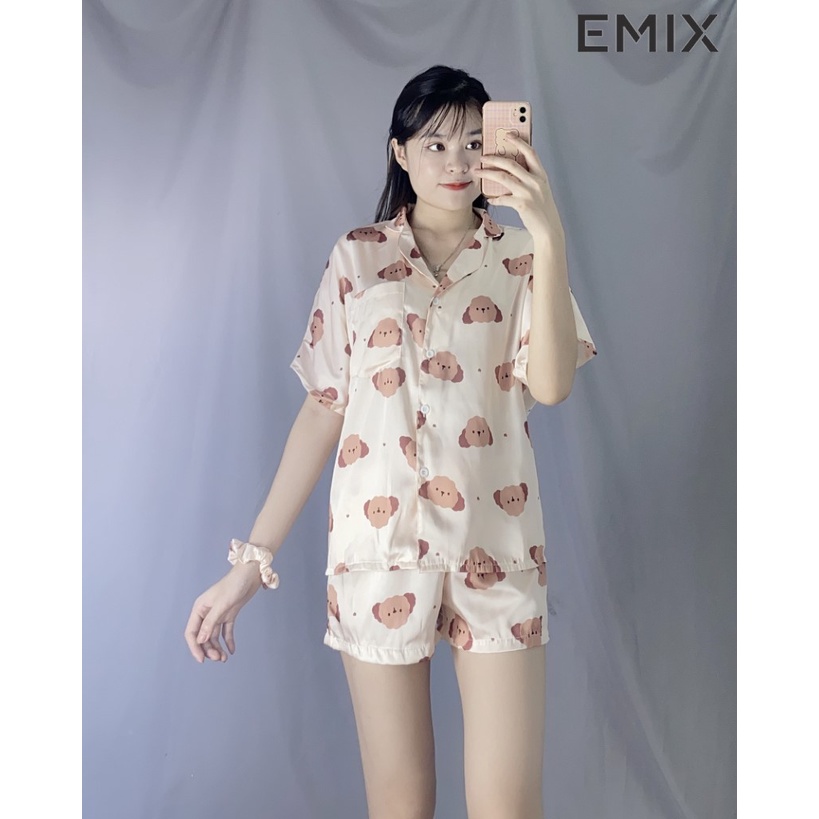 Set nữ chất lụa áo cộc tay quần đùi họa tiết hình đám mây kèm dây chun buộc tóc EMIX cao cấp