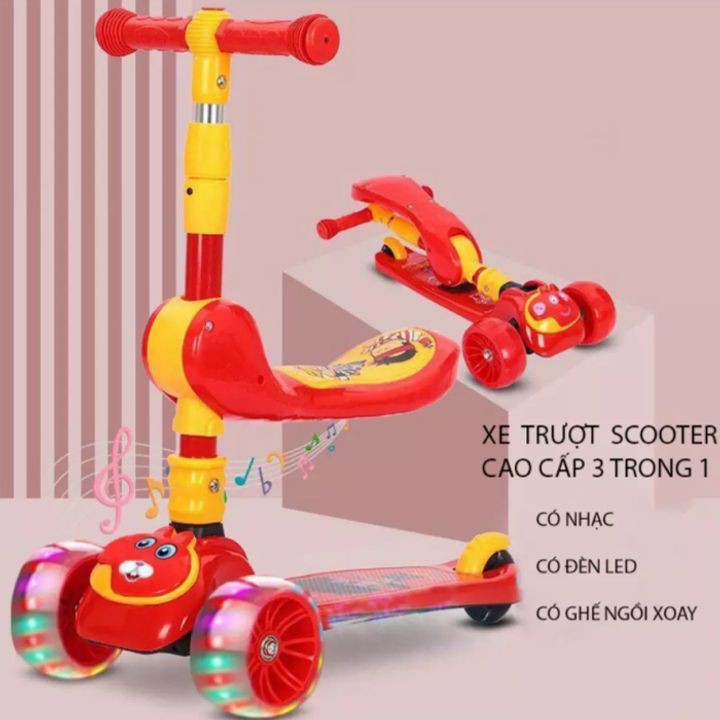 Xe Scooter, Xe Trượt Cho Bé Bánh Có Đèn ,Có Nhạc, có ghế 3 in 1 Chịu Lực 90KG