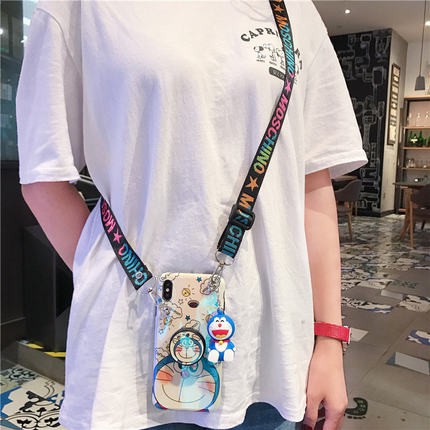 Ốp điện thoại Doraemon có dây đeo và giá đỡ thích hợp cho iPhone 12 Mini 11 Pro XS Max X XR 8 7 6 6s Plus 5 SE