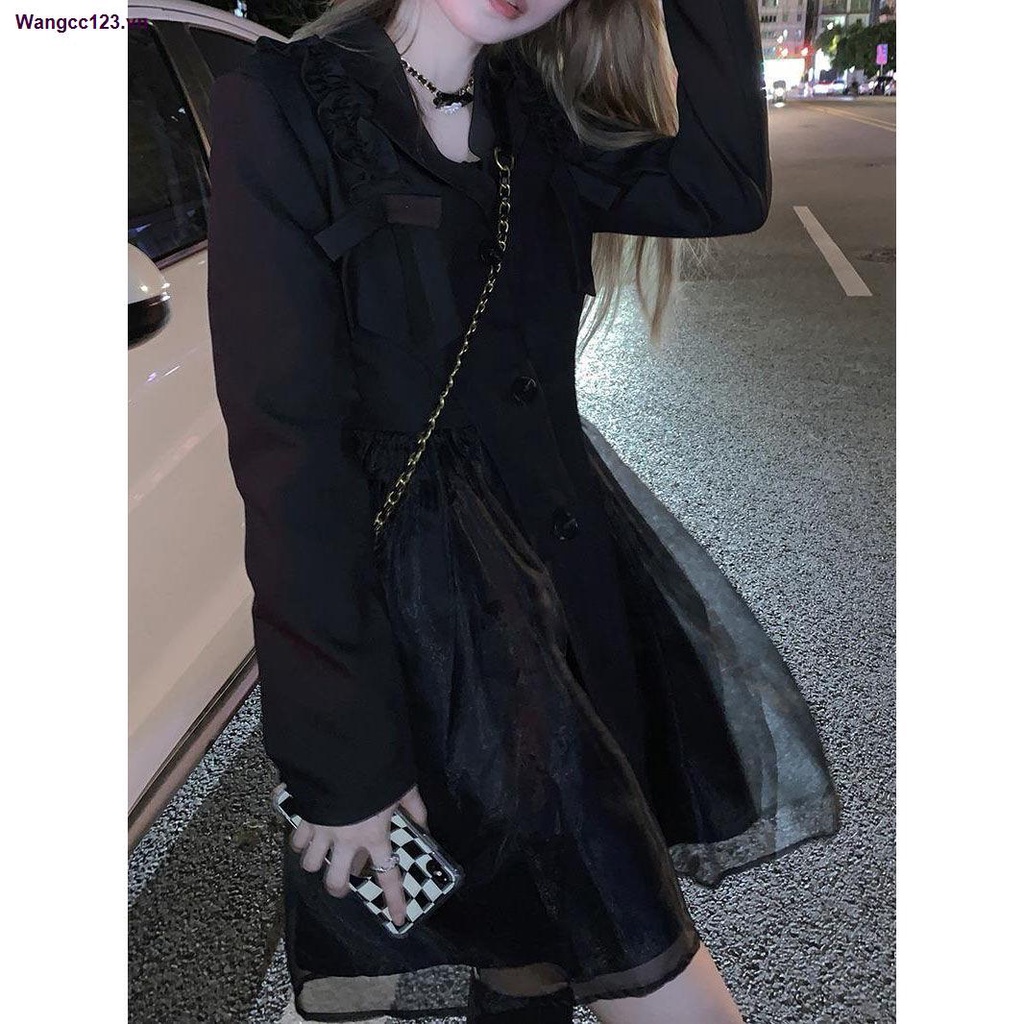 Set đầm hai mảnh áo khoác ngoài phối lưới thời trang thu đông hàng mới dành cho nữ