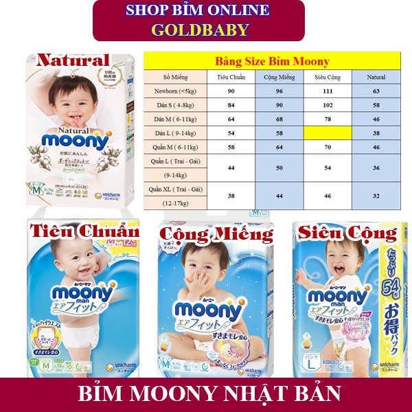 Tã Bỉm Moony Nội Địa Nhật Bản Natural /Tiêu Chuẩn / Cộng Miếng / Siêu Cộng Miếng Quần /Dán Đủ Size NB/S/M/L/XL