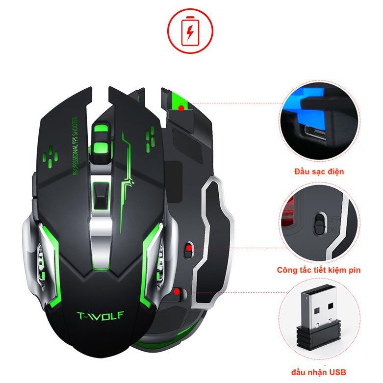 Chuột Không Dây 💎𝓕𝓡𝓔𝓔𝓢𝓗𝓘𝓟💎 Mouse Không Dây Gaming T-Wolf Q13 (BH 6 Tháng) SPTECH COMPUTER