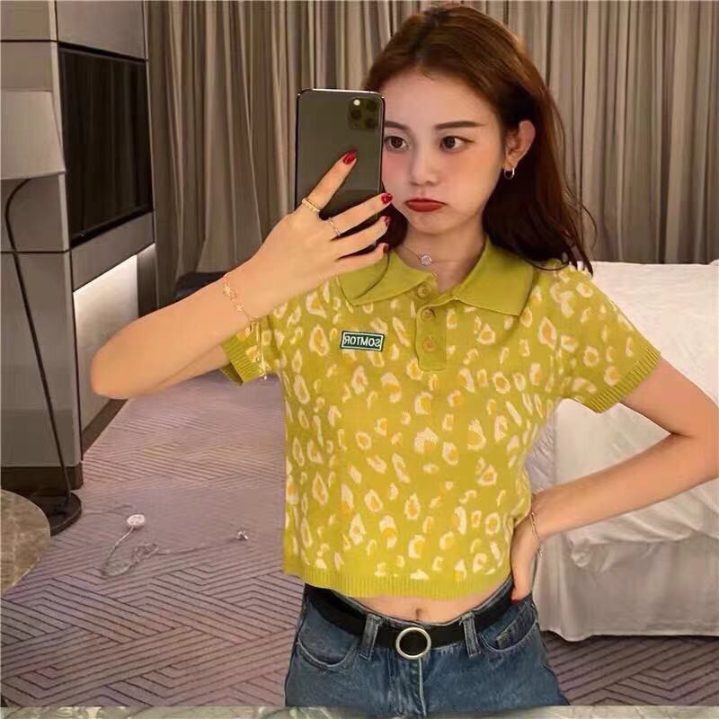 Áo Polo Ngắn Tay Họa Tiết Da Báo Cá Tính Theo Phong Cách Hàn Quốc Jisoo blackpink