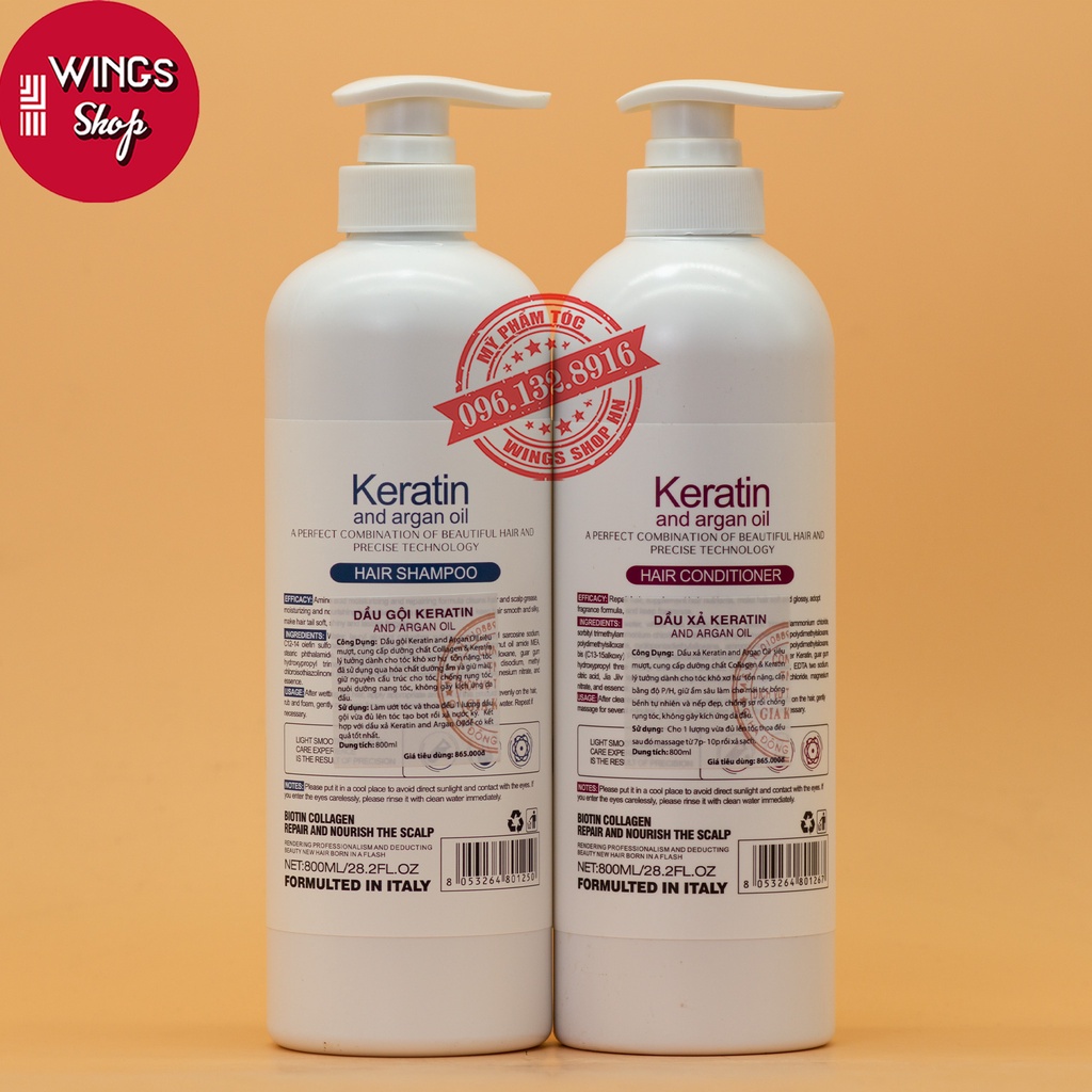 Cặp dầu gội xả Keratin & Argan Oil 800ML | Phục hồi tóc khô xơ Ngăn rụng tóc | Wings Shop