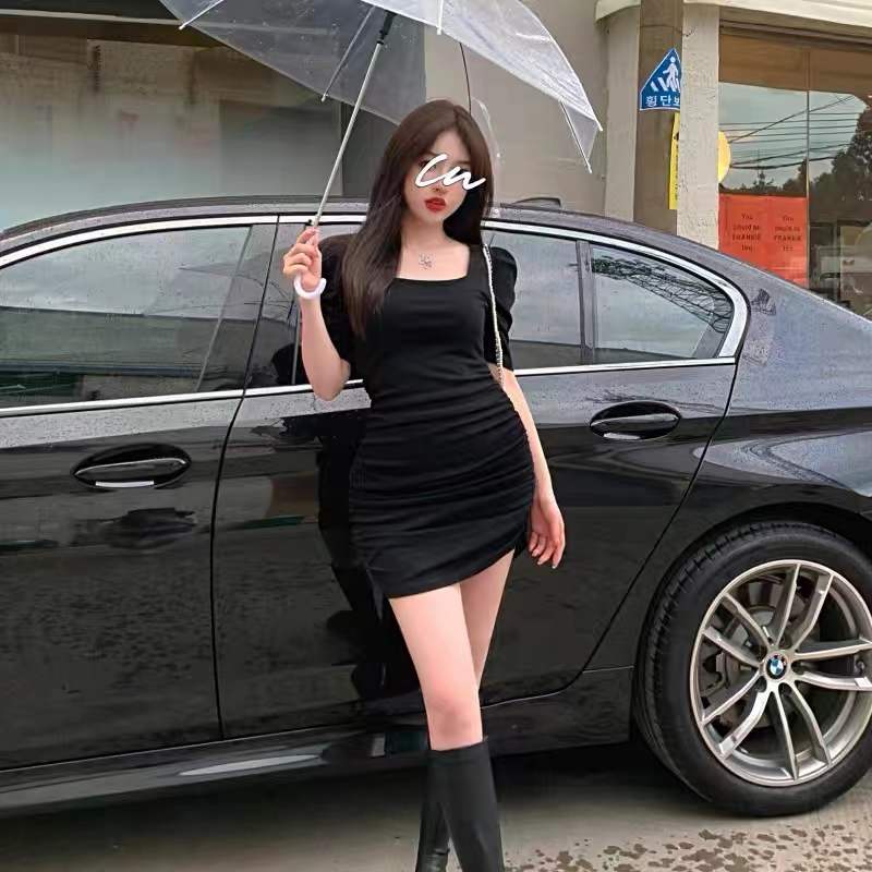 Đầm PERTY tay ngắn phồng cổ vuông ôm dáng thiết kế xếp ly thời trang Hàn Quốc quyến rũ dành cho nữ