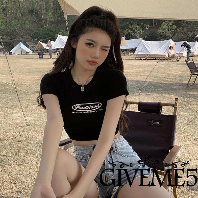 Áo Thun Lửng Tay Ngắn Cổ Tròn In Chữ Dành Cho Nữ