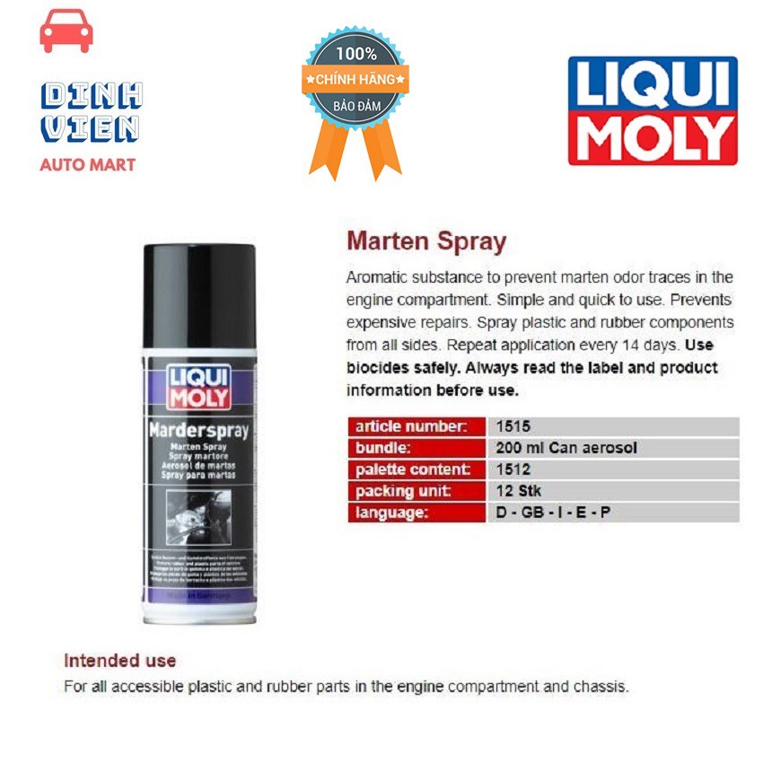 CHAI XỊT CHỐNG CHUỘT - ĐUỔI CHUỘT CHO XE Ô TÔ - XE MÁY LIQUI MOLY MARTEN SPRAY 1515 (200ML) NGĂN CẢN THÂM NGẬP CỦA CHUỘT