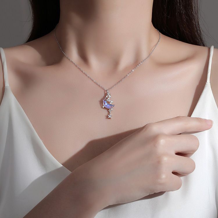 Vòng cổ Bạc 925 Mặt Hình Mặt Trăng Và Ngôi Sao Nhiều Màu Sắc Thời Trang Cho Nữ