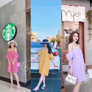 Đầm đũi trơn 2 dây trễ vai vintage-váy suông chất đũi lạnh