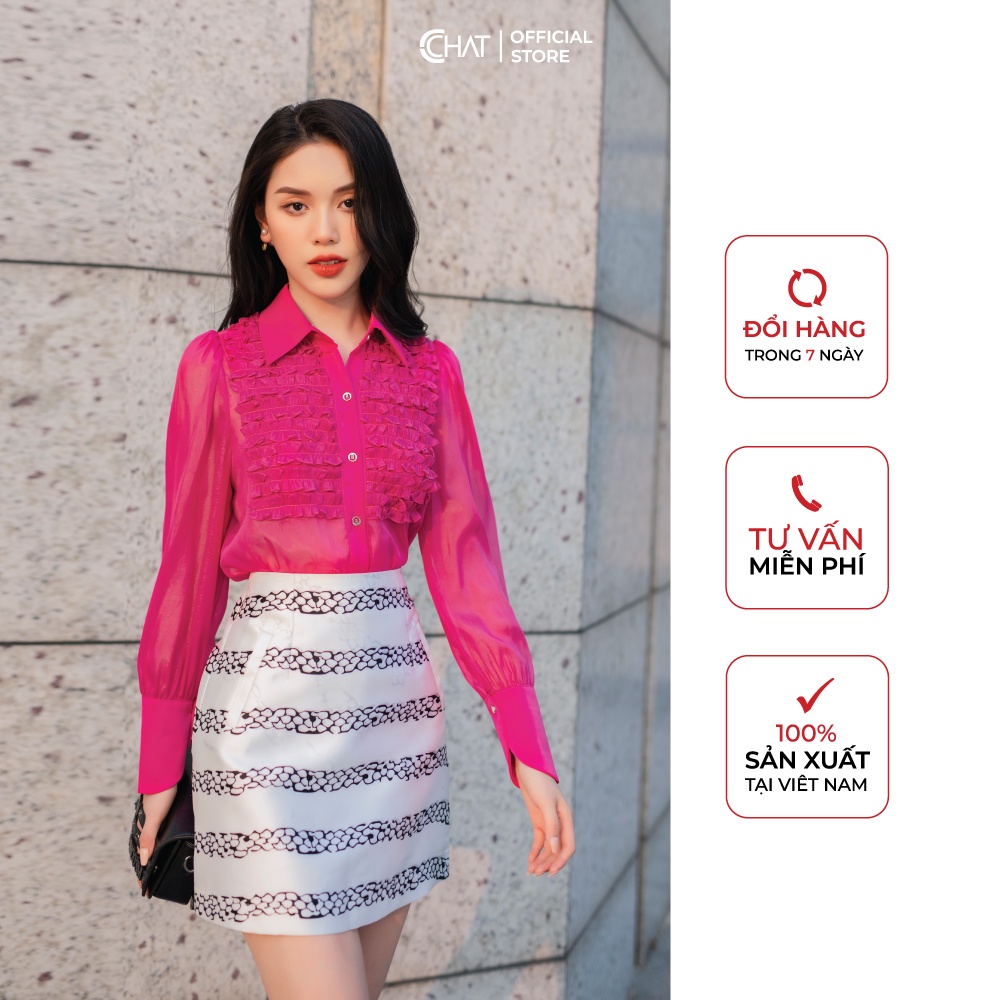Áo Sơ Mi Nữ 𝐂𝐂𝐇𝐀𝐓 Kiểu Bèo Ngực Họa Tiết Chất Voan Cao Cấp Dáng Suông Phong Cách Trẻ Trung 12FDV8021ST