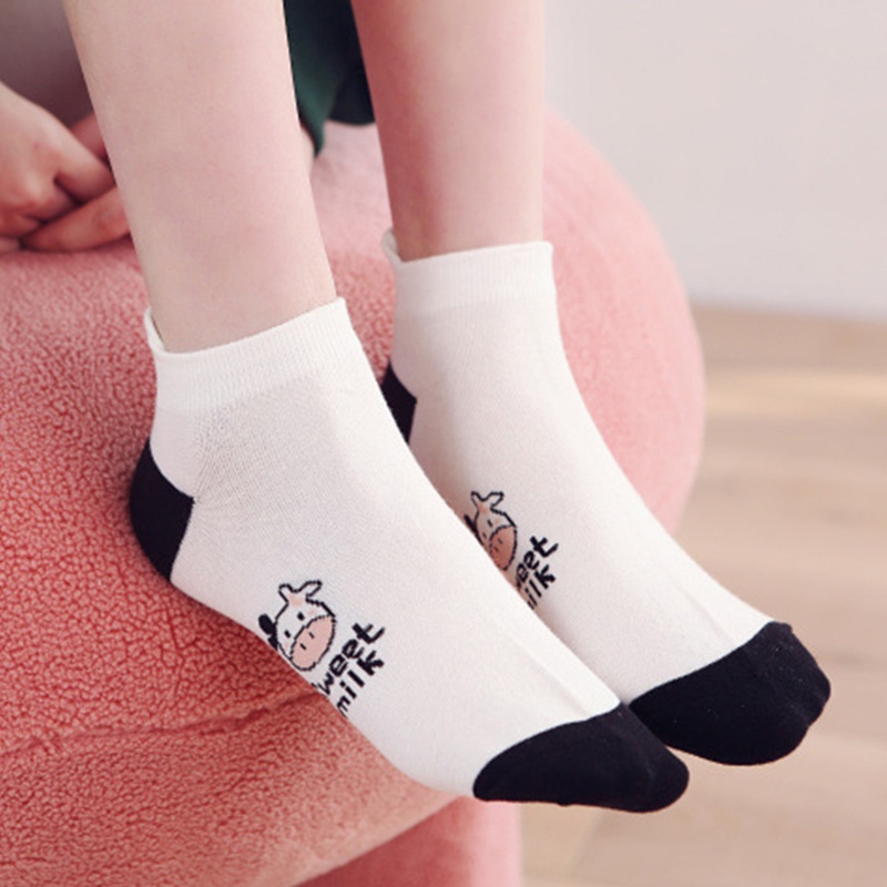 XIXI Set 5 Đôi Tất Cotton Cổ Thấp In Họa Tiết Bò Sữa Hoạt Hình Thời Trang Mùa Hè Cho Nữ