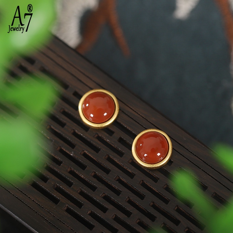 Bông Tai Mạ Bạc 925 Hình Quả Trứng Khảm Đá Mã Não Đỏ A7