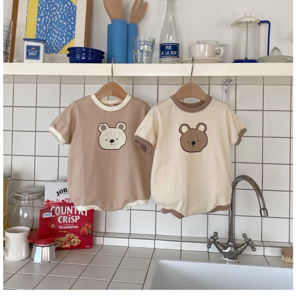 Bộ Áo Liền Quần Cotton Tay Ngắn In Hình Gấu Dễ Thương Cho Bé Sơ Sinh