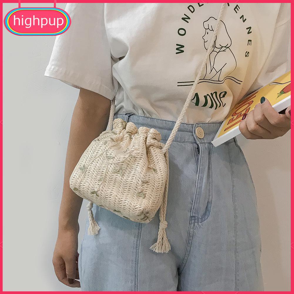 Túi đeo chéo kiểu đan dệt có dây rút thêu họa tiết hoa thời trang dành cho nữ