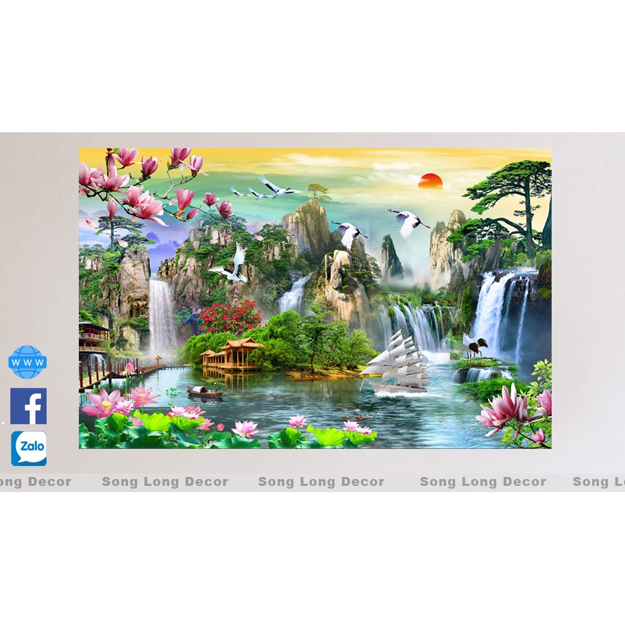 Tranh dán tường 3d Sơn Thủy Hữu Tình - S53 Tranh 3D Phong Thủy - Giấy dán tường 3d - Song Long Decor