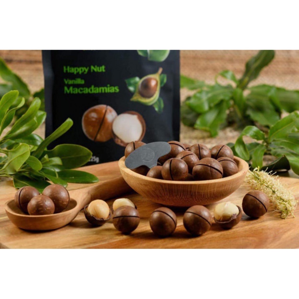Hạt macca Úc nguyên vỏ kèm đồ tách vỏ vị vanilla - Macadamias Australia Happy Nut Vanilla 225g - trẻ em ăn vặt snack