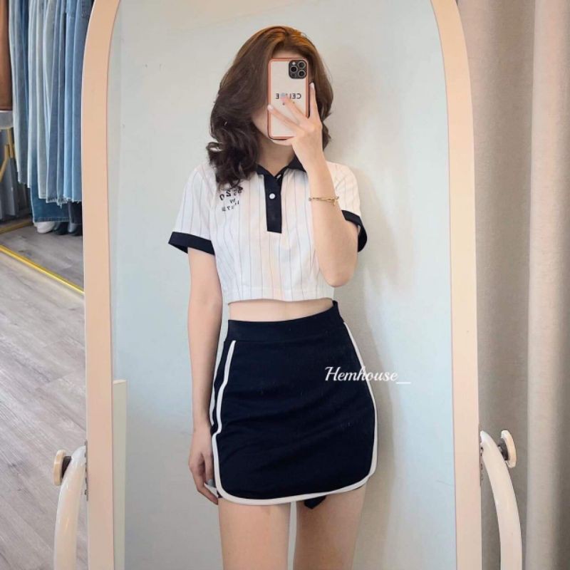 SET CROP SỌC VIỀN CỔ XANH + CHÁN VÁY THỂ THAO❤❤❤