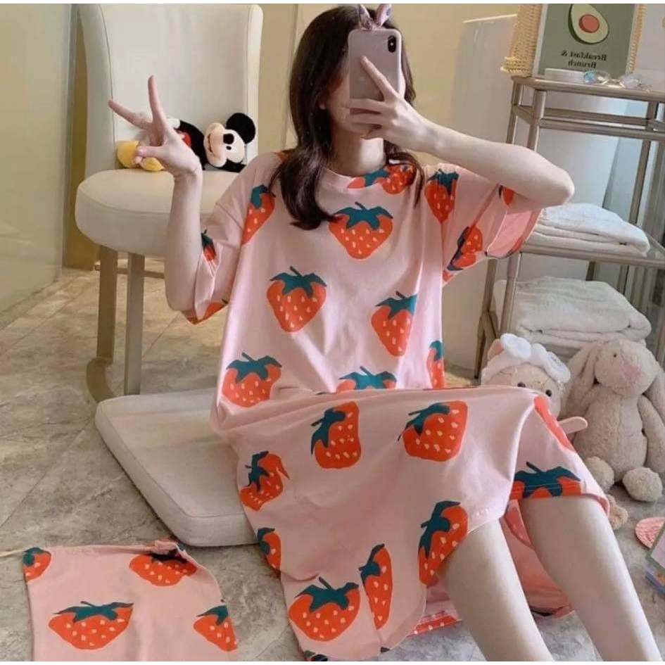 Váy ngủ nữ cotton họa tiết họa tiết dễ thương mặc nhà cộc tay dáng suông chất liệu co giãn thoải mái thấm hút mồ hôi