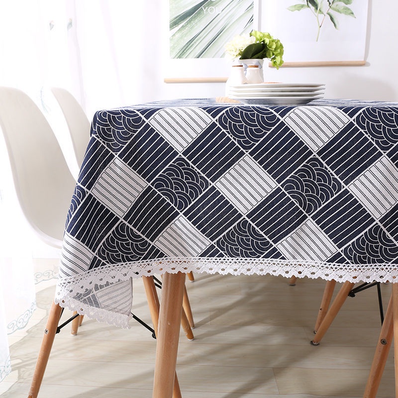 Khăn Trải Bàn Hình Chữ Nhật Bằng Vải Cotton Lanh Phối Ren Họa Tiết Hoa Đơn Giản Phong Cách Nhật Bản