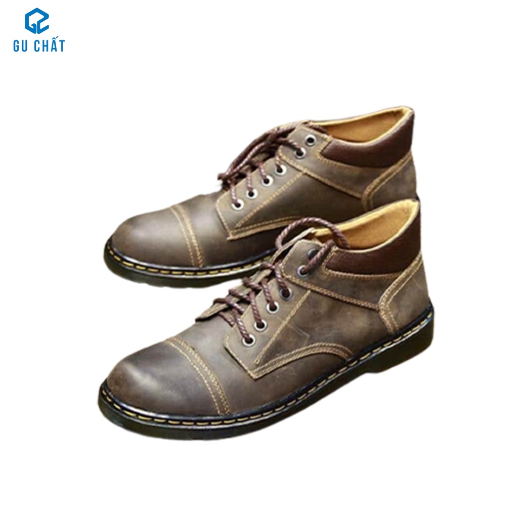 Giày Nam GU CHẤT Da Bò Vintage Cột Dây Cổ Thấp