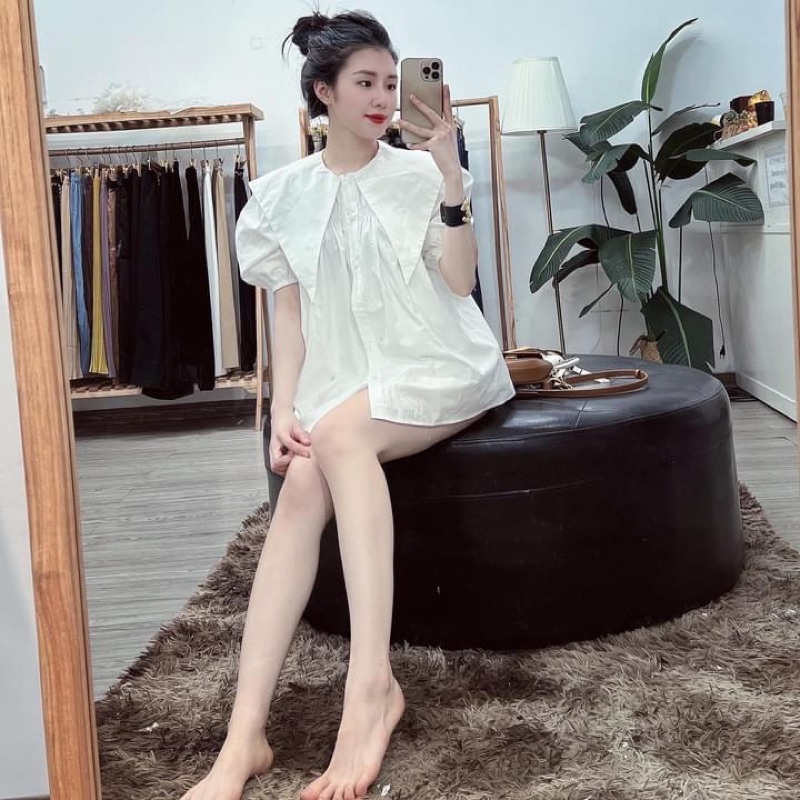 Áo Sơ-mi nữ babydoll cổ bèo nhọn tay lỡ chất liệu thô mềm đủ màu