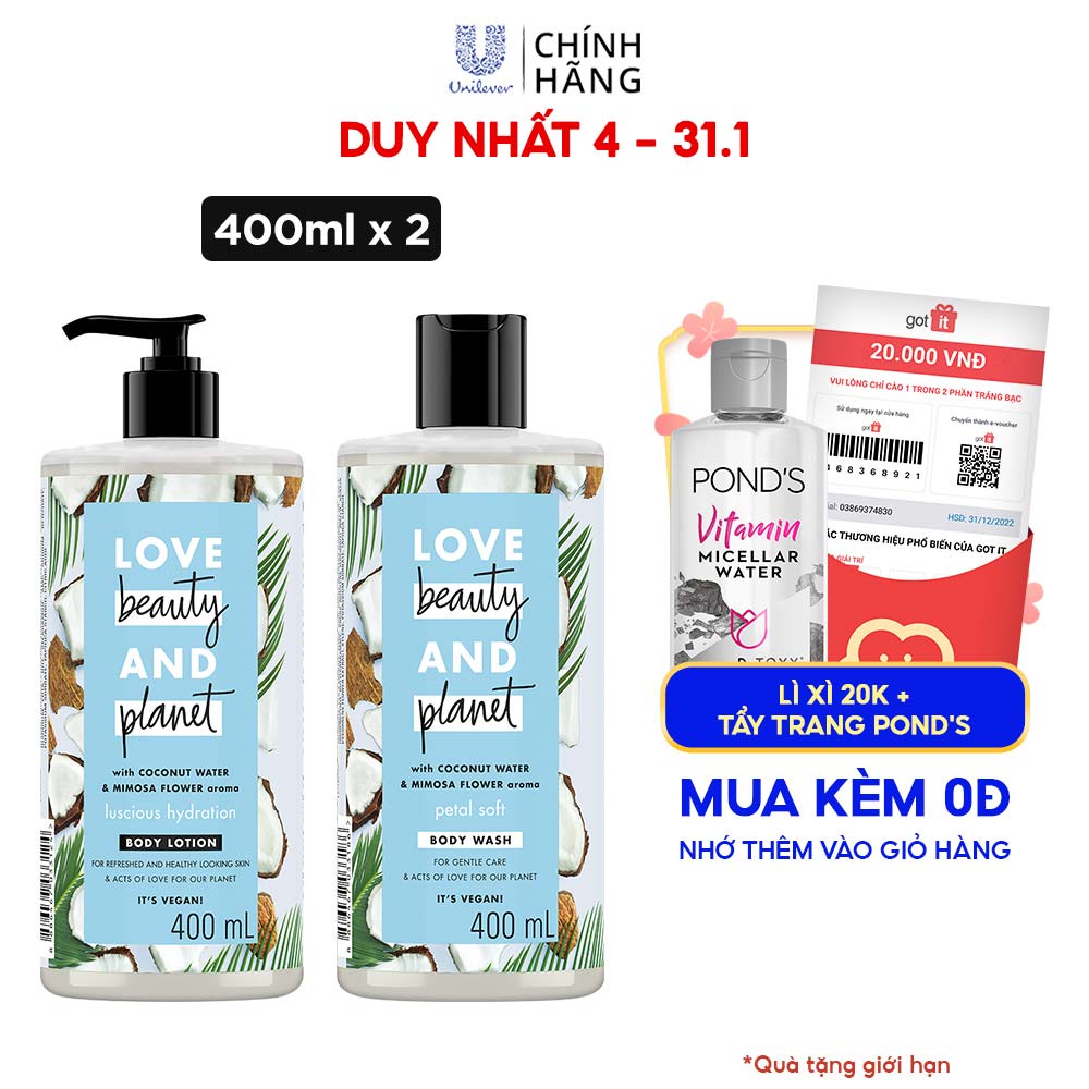 Combo sữa tắm và sữa dưỡng thể Love Beauty and Planet chăm da mềm mịn với 100% dừa tươi organic và hoa mimosa 400ml