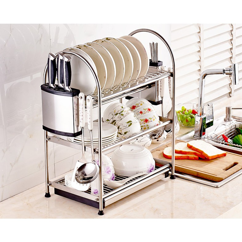 Kệ để bát đĩa kèm ống gài dài ống cắm đũa đa năng bằng inox 304 không gỉ sét H38