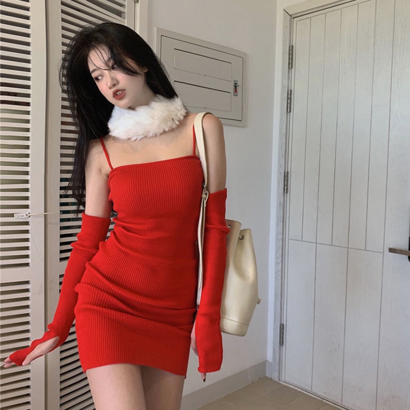 Đầm hai dây thun cotton co giãn bó sát trang nhã cho nữ