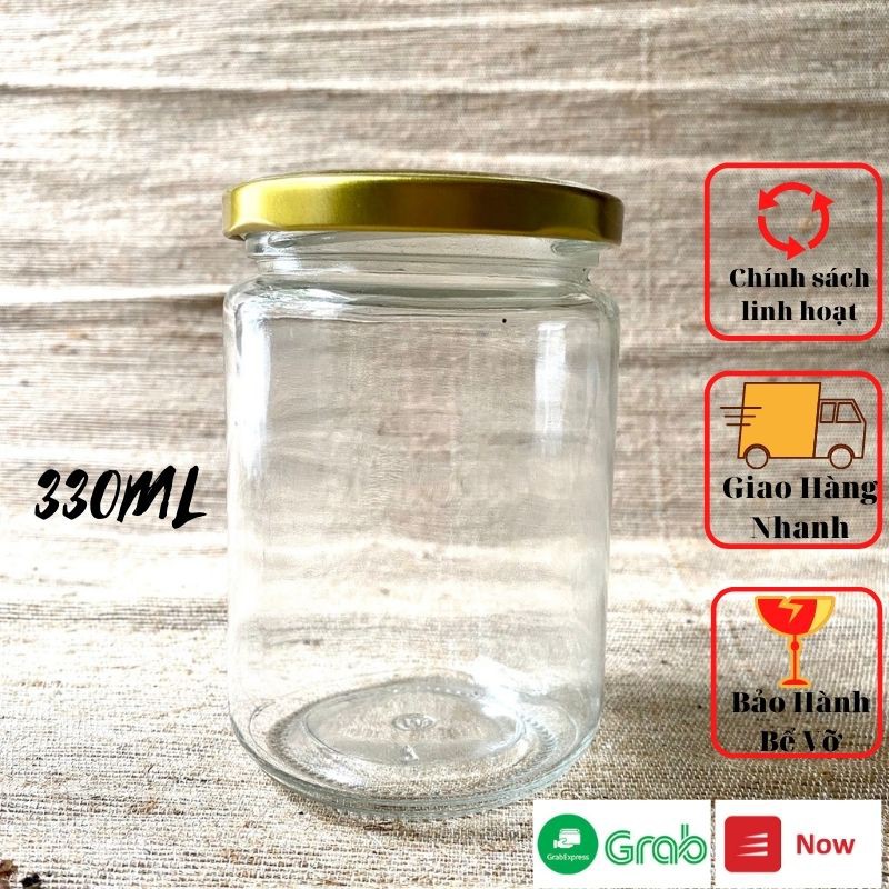 Hũ Thuỷ Tinh Tròn 330ml, Nắp Thiếc, Dùng Đựng Thực Phẩm, Miệng Hũ Rộng Dễ Vệ Sinh.