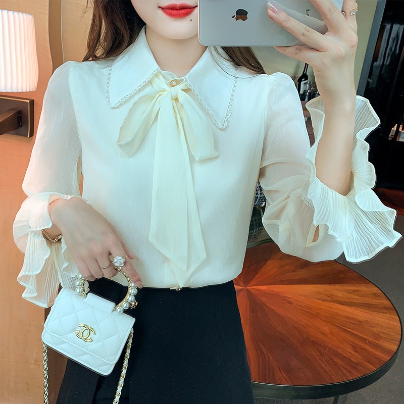 Áo Sơ Mi Chiffon Tay Dài Ống Loe Phối Cà Vạt Phía Trước Kiểu Hàn Quốc Thời Trang Xuân Thu Cho Nữ