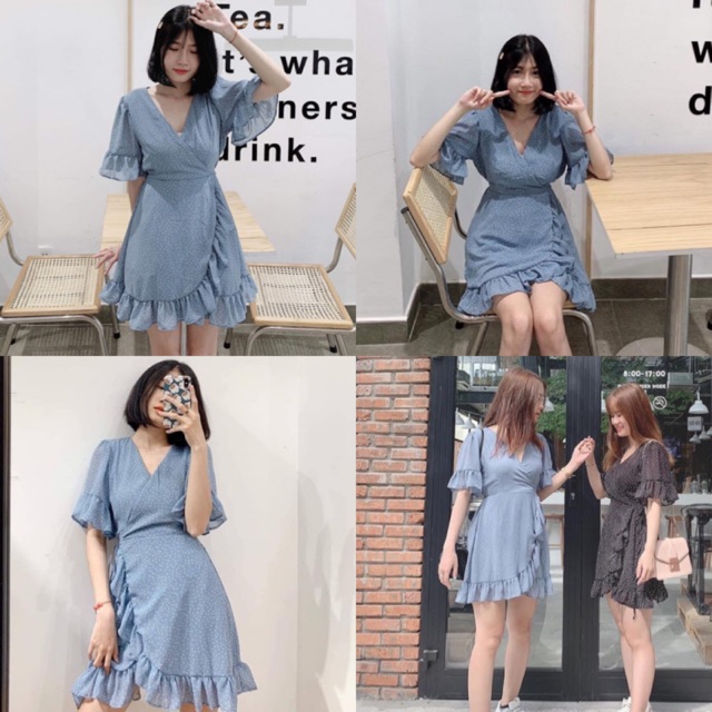 ĐẦM XINH CHẤM BI - VÁY BI VẠT CHÉO CỔ CHỮ V CÓ LÓT ( Kèm ảnh trải sàn ) | BigBuy360 - bigbuy360.vn