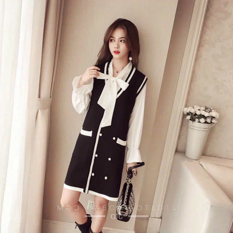 Sét big size quảng châu áo voan trắng phối đầm len sơ mi đen giả vest thắt nơ cổ D30