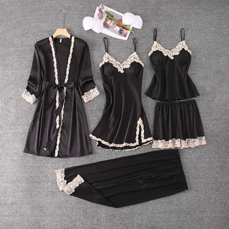 Set đồ ngủ lụa 5 món, bộ ngủ và váy ngủ kèm áo choàng siêu sang cho Nữ(Chất vải lụa mát cao cấp chuẩn hàng Shop bán) | BigBuy360 - bigbuy360.vn