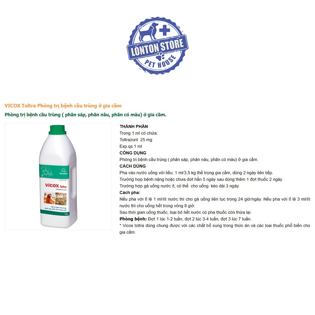VEMEDIM Vicox Toltra - Phòng Và Diệt Cầu Trùng (Phân Sáp, Phân Nâu, Phân Máu) Gà Đá, Gà Vườn, Vịt  120ml - Lonton Store