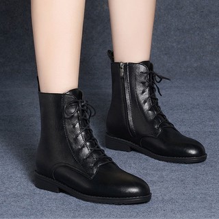 ☆Giày Boots Thời Trang Cá Tính Cho Nữ☆ Giày Bốt Martin Bằng Da Thật Lót Lông Cừu Gót Thấp Kiểu Anh Thời Trang Mùa Đông 2021 Cho Bạn Gái